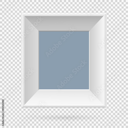 Presentation rectangular square picture frame design element with shadow on transparent background. 3D Board Banner wall on isolated clean blank. Vector illustration EPS 10 for photo  image  text
