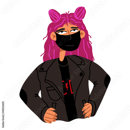 E-girl, glam rock style looking woman in face mask with pink hair in leather jacket with rolled eyes tired of lockdown.