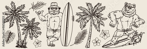 Vintage monochrome surfing elements concept