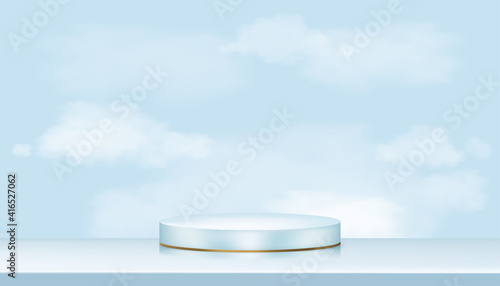 Vector 3D Showcase display with white fluffy clouds in blue pastel and yellow gold stand, Realistic luxury podium on blue sky background,illustration showcase mock up for cosmetic or beauty product