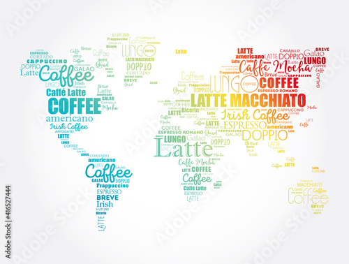 Fototapeta Naklejka Na Ścianę i Meble -  Coffee drinks word cloud in shape of World Map, concept background