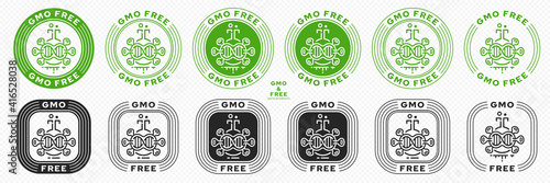 Concept for product packaging. Labeling - GMO-free. A chemical flask icon with a microorganism - a genome and a flowing ingredient line - a symbol of genetically modified organisms. Vector set.