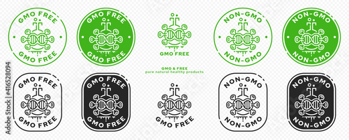 Concept for product packaging. Labeling - GMO-free. A chemical flask icon with a microorganism - a genome and a flowing ingredient line - a symbol of genetically modified organisms. Vector set.