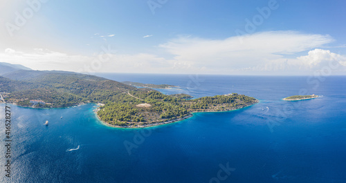 Fototapeta Naklejka Na Ścianę i Meble -  Aerial drone high angle shot of peninsula of Vis Island coastline in Adriatic sea in Croatia summer