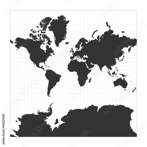 Map of the World. Spherical Mercator projection. Globe with latitude and longitude net. World map on meridians and parallels background. Vector illustration.