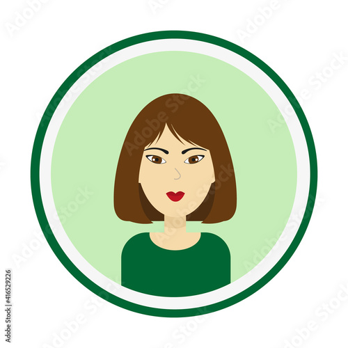 Female avatar. Cute woman’s portrait on green background. Girl’s face with medium length brown hair and brown eyes. Isolated vector illustration.