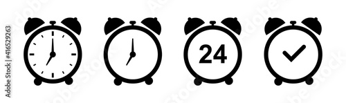Set of alarm clock icons. Various alarm clock signs, alarm clock. Vector illustration.