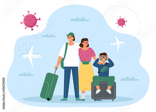 The concept of free travel after covid vaccination. A family vaccinated against coronavirus stands with suitcases at the airport.