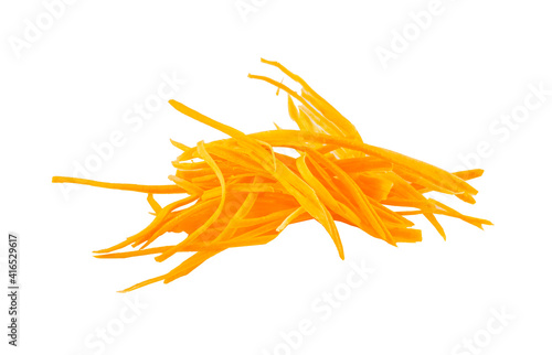 Fresh grated Carrots on white background