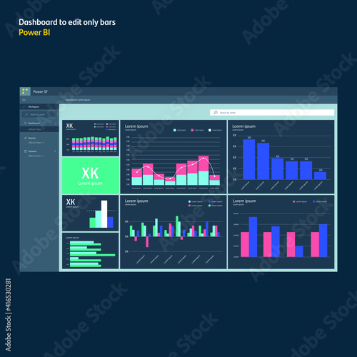 New report power bi. Graphs bar diagrams. Template with data visualization. Dashboard