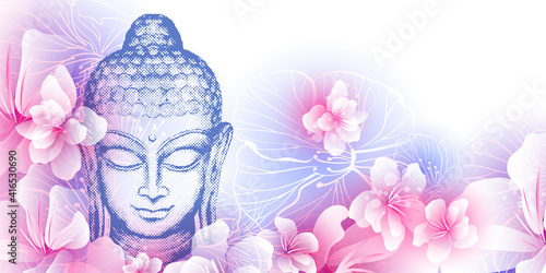 Head of the Lord Buddha under a cherry blossom. Pink sakura petals and flying flowers. Horizontal banner in gentle delicate pink colors