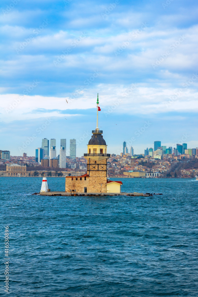 Maiden's Tower from a Ferry. Cityscape of Istanbul on the background. Kiz Kulesi background photo. Istanbul background.