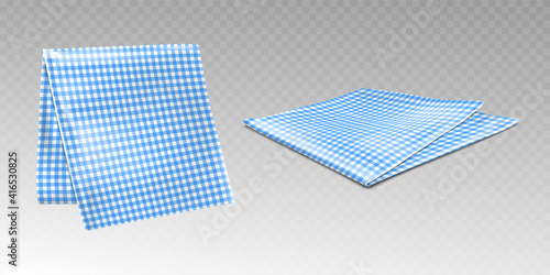 Kitchen towel or tablecloth with chequered blue and white print. Hanging and laying picnic napkin, gingham cotton linen or plaid isolated on transparent background, Realistic 3d vector illustration