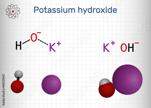 Potassium hydroxide, caustic potash, lye molecule. KOH is strong caustic base and alkali, ionic compound. Structural chemical formula and molecule model. Sheet of paper in a cage