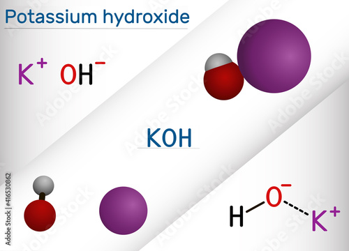 Potassium hydroxide, caustic potash, lye molecule. KOH is strong caustic base and alkali, ionic compound. Structural chemical formula and molecule model