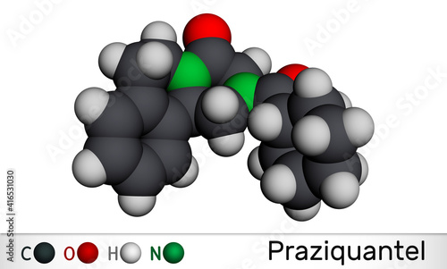 Praziquantel, PZQ, molecule. It is anthelmintic drug for treatment cysticercosis, schistosome, cestode and trematode infestations. Molecular model. 3D rendering photo