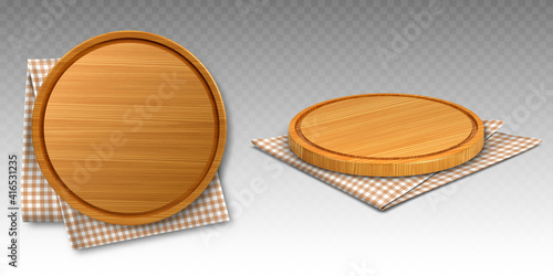 Wooden pizza and cutting boards on kitchen towel. Round trays on folded chequered tablecloth, natural, eco friendly utensils made of wood isolated on transparent background, realistic 3d vector set