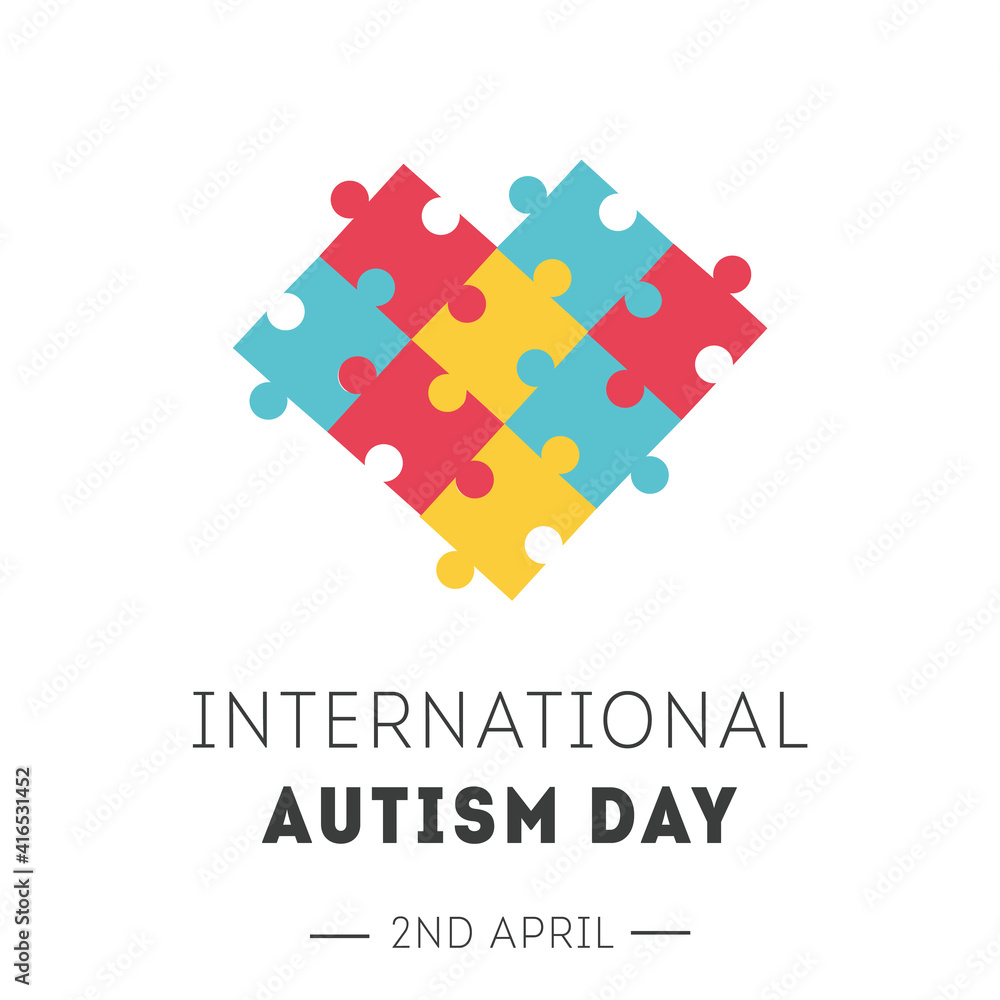 International Autism Awareness Day Banner. Colorful puzzle pieces in form of heart. Jigsaw mosaic as symbol of Autistic people. Social Difficulty. Mental disorder. Vector banner or poster on white.