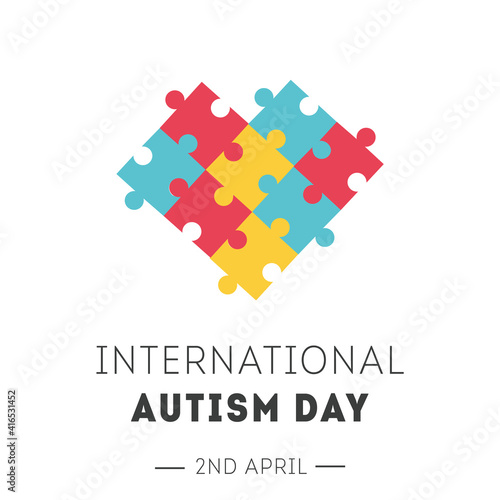 International Autism Awareness Day Banner. Colorful puzzle pieces in form of heart. Jigsaw mosaic as symbol of Autistic people. Social Difficulty. Mental disorder. Vector banner or poster on white.