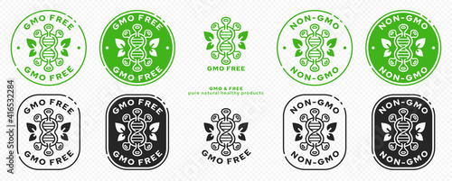 Concept for product packaging. Labeling - GMO-free. Molecule or microorganism icon with gene and leaves - wings - symbol of GMO freedom - symbol of natural ingredients. Vector set.