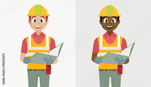 civil engineer or construction worker man wearing protective safety helmet holding document file.