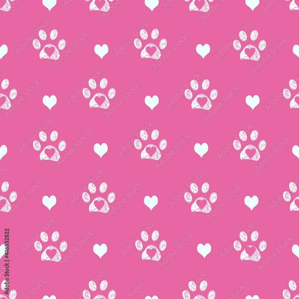 White doodle paw prints with pink hearts and pink background. Mother's day, Valentine's day... etc background Fabric design seamless pattern White doodle paw prints with pink hearts and pink background. Mother's day, Valentine's day... etc background Fabric design seamless pattern