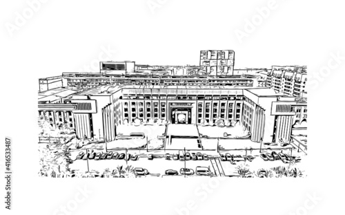 Building view with landmark of Almaty is the
city in Kazakhstan. Hand drawn sketch illustration in vector.