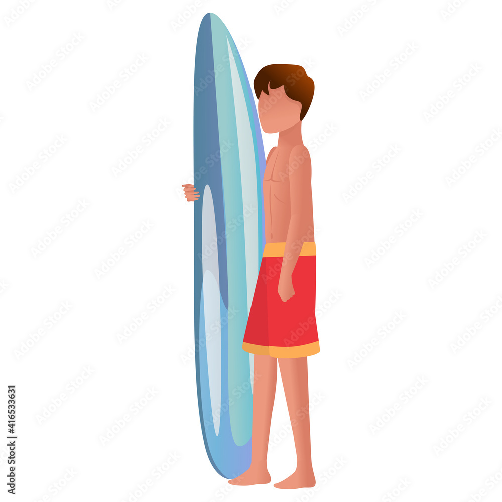 Guy with a surfboard. The concept of recreation and entertainment during the summer holidays. Vacation, sea, hobbies, work. Collage illustrations on white background for web design. Cartoon flat style Guy with a surfboard. The concept of recreation and entertainment during the summer holidays. Vacation, sea, hobbies, work. Collage illustrations on white background for web design. Cartoon flat style
