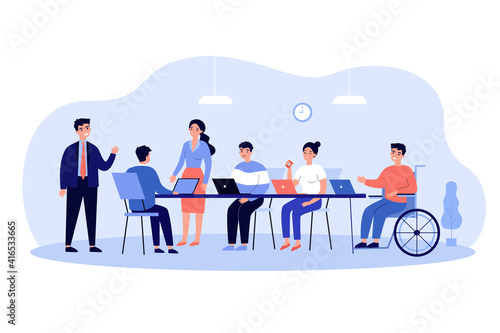 Disabled employee in wheelchair engaged in corporate meeting and conversation. Vector illustration for inclusion, business conference, teamwork concept