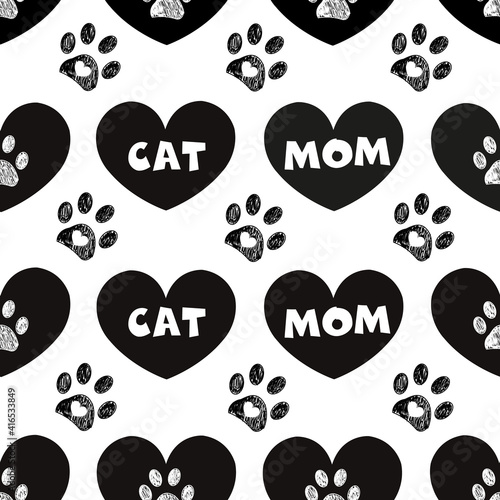 Cat mom and cute black hearts and doodle paws. Happy Mother's Day background, fabric design seamless pattern