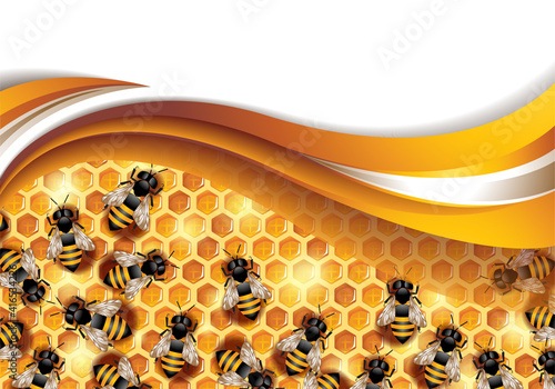 Vector illustration of an abstract background with working bees crawling on honeycomb and space for text