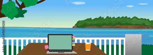 Worcation at the beach. remote work, resorts, laptop, vector illustration, landscape, copy space, web header, banner, water color, web camera, good views, mockup, sea, island, sunny sky, blue, 