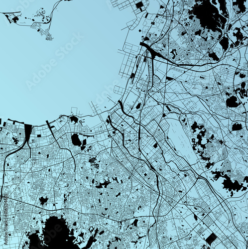 Fukuoka, Japan (JPN) - Urban vector city map with parks, rail and roads, highways, minimalist town plan design poster, city center, downtown, transit network, gradient blueprint