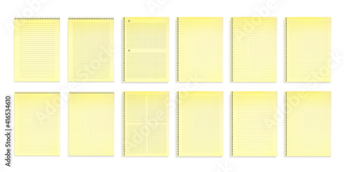 Notebooks with yellow paper in lines, dots and square grid top view. Vector realistic mockup of notepads with spiral wire binders and line pattern isolated on white background