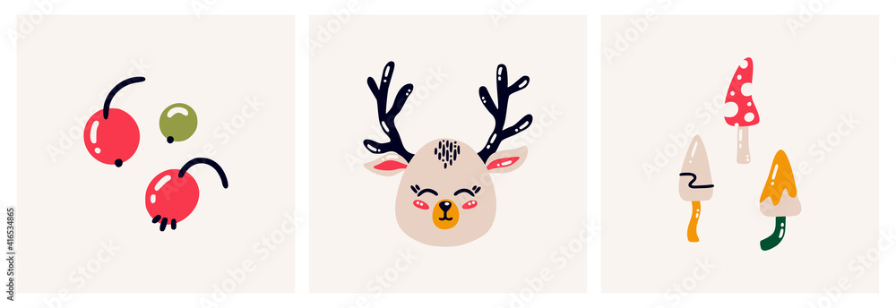 Obraz premium Baby deer, red berries, mushrooms, cartoon style. Ready-made cards. Flat vector illustration isolated on a white background