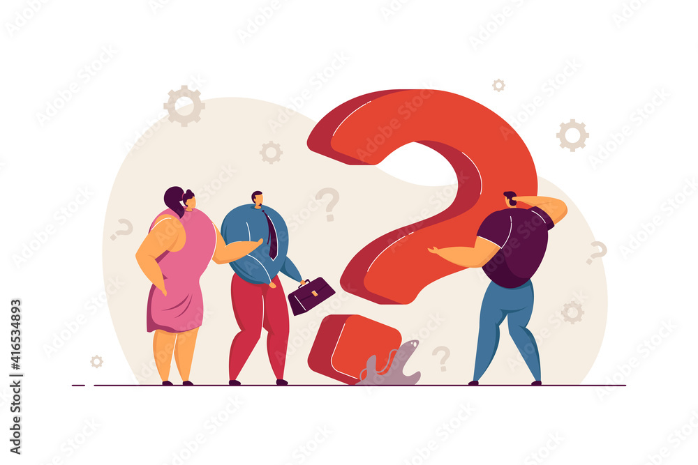 Puzzled tiny business people searching solution at huge question mark, asking for help. Vector illustration for customer assistance service, communication, problem solving concept Puzzled tiny business people searching solution at huge question mark, asking for help. Vector illustration for customer assistance service, communication, problem solving concept