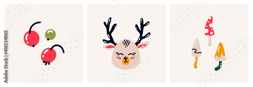 Baby deer  red berries  mushrooms  cartoon style. Ready-made cards. Flat vector illustration isolated on a white background