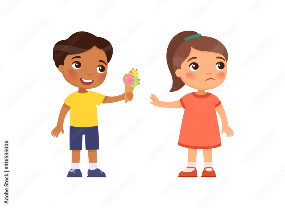 Little boy gives the girl an ice cream and is rejected. Child friendship psychology, refusal of sweets. Cartoon characters, Flat vector illustration. Little boy gives the girl an ice cream and is rejected. Child friendship psychology, refusal of sweets. Cartoon characters, Flat vector illustration.
