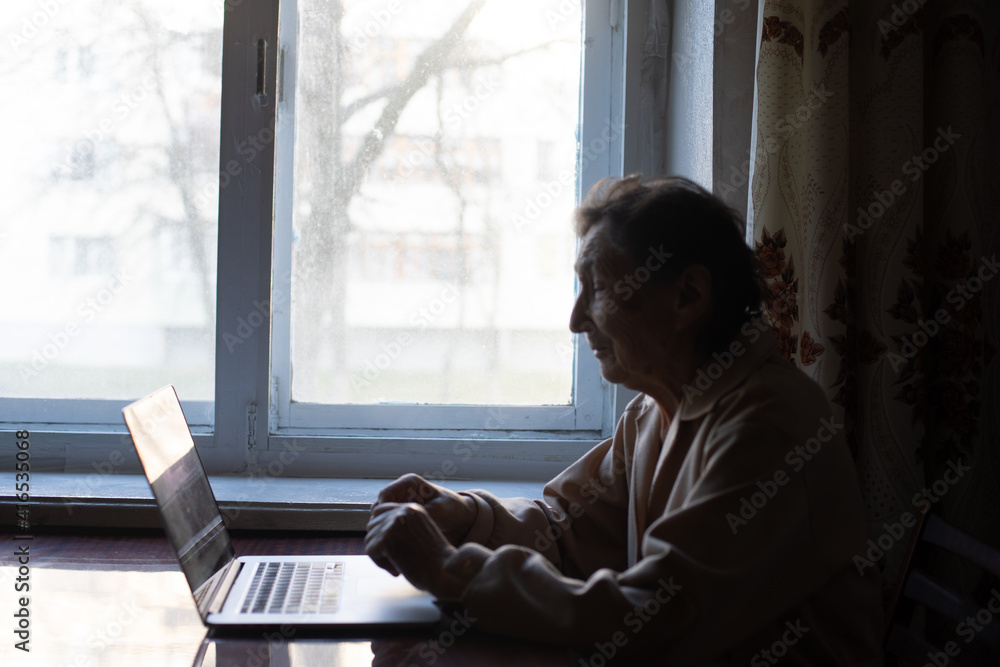 Happy senior woman sitting with her granddaughter looking at laptop making video call. Mature lady talking to webcam, doing online chat at home during self isolation. Family time during Corona Happy senior woman sitting with her granddaughter looking at laptop making video call. Mature lady talking to webcam, doing online chat at home during self isolation. Family time during Corona