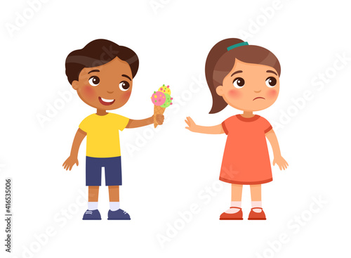 Little boy gives the girl an ice cream and is rejected. Child friendship psychology, refusal of sweets. Cartoon characters, Flat vector illustration.