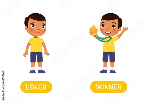 Loser and winner antonyms word card, Opposites concept. Flashcard for English language learning. Lucky winner - dark skin little boy with the medal and the sad little boy lost..