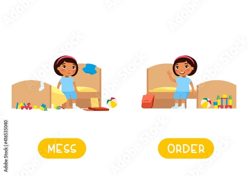 RICH and POOR antonyms word card, Opposites concept. Flashcard for English language learning. Little girl with banknotes in his hands, Dark skin child with an empty wallet