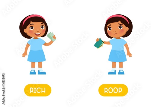 RICH and POOR antonyms word card, Opposites concept. Flashcard for english language learning. Little girl with banknotes in his hands, Dark skin child with an empty wallet..