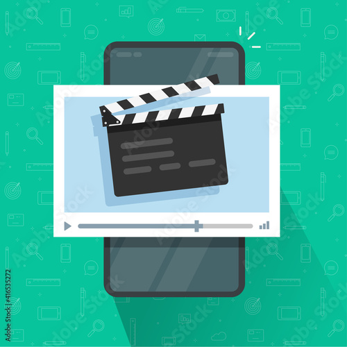 Creating or editing video content, movie or film via mobile cell phone flat cartoon illustration, cellphone smartphone with clapperboard clacker slate on screen and cinema video player modern design