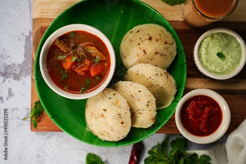 Rava Idli with sambar and chuney - South Indian vegetarian breakkfast photo