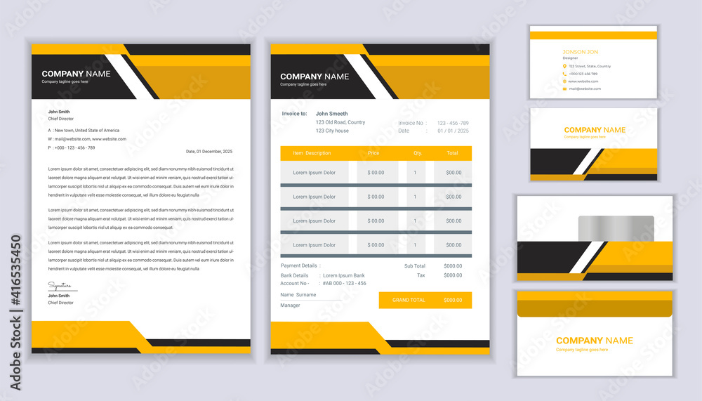 professional corporate editable stationery brand identity design template with letterhead, business card and invoice template design.