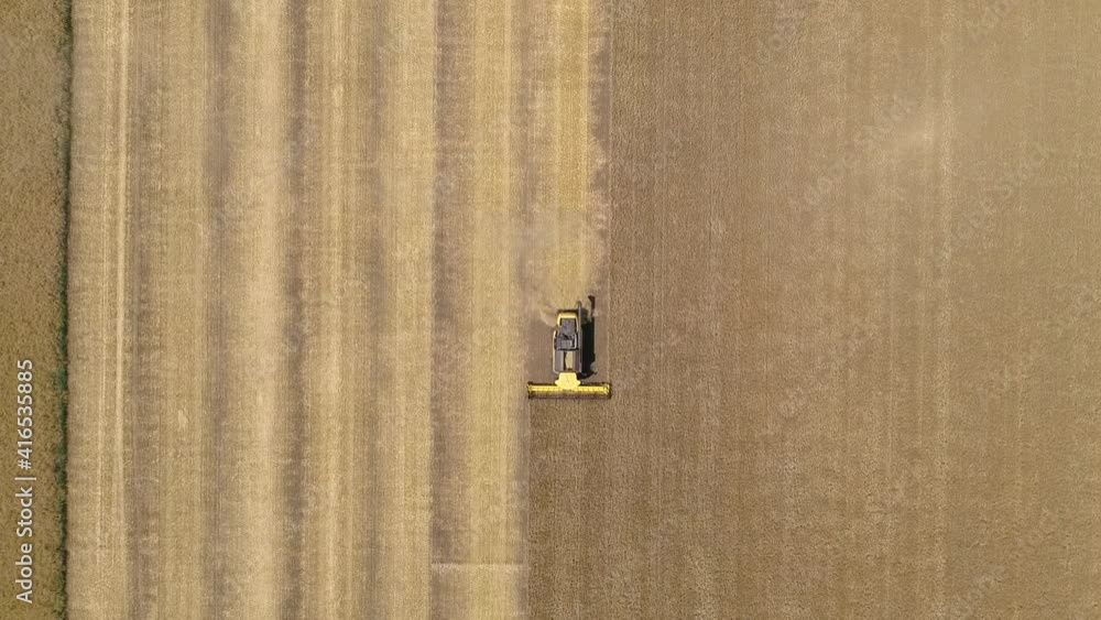 Aerial view of combine harvester harvesting wheat at sunset. Beautiful wheat field. Aerial view of combine harvester harvesting wheat at sunset. Beautiful wheat field.