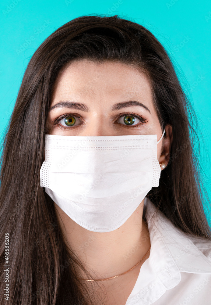Close-up portrait of her she pretty wavy-haired lady long perfect hairstyle wearing mask Close-up portrait of her she pretty wavy-haired lady long perfect hairstyle wearing mask