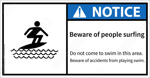 Beware of people surfing, surfing area,Notice sign