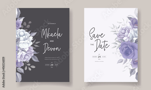 Beautiful wedding invitation card with purple flower decoration